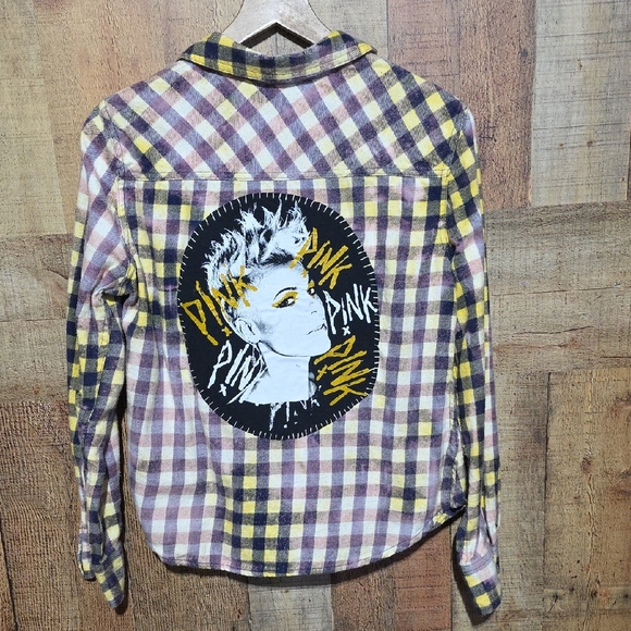 Upcycled Tops - PINK Victoria's Secret Plaid Shirt with Graphic Patch